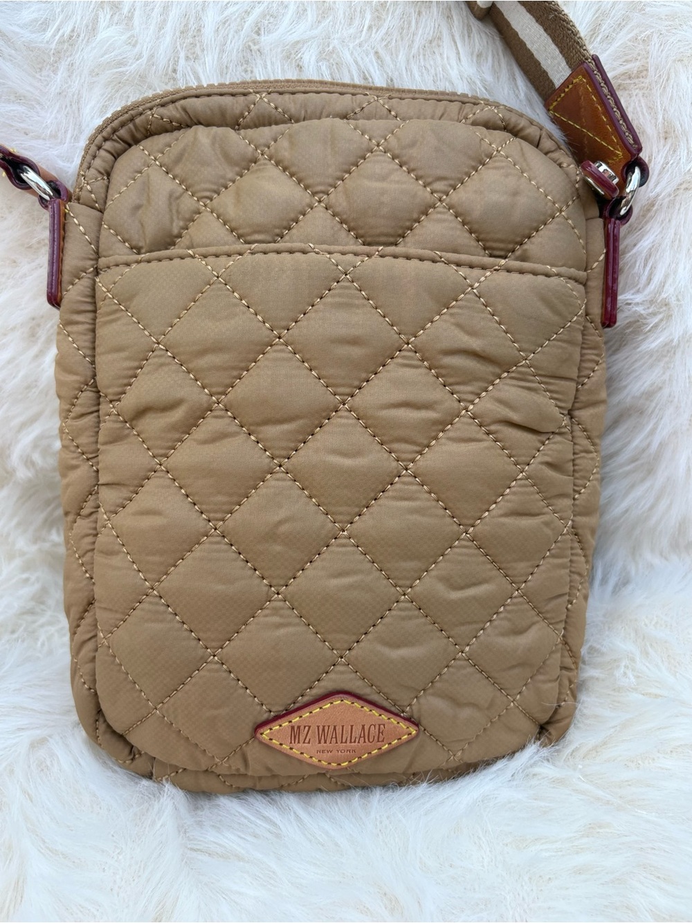 MZ Wallace Quilted Crossbody in Camel with Burgundy Trim